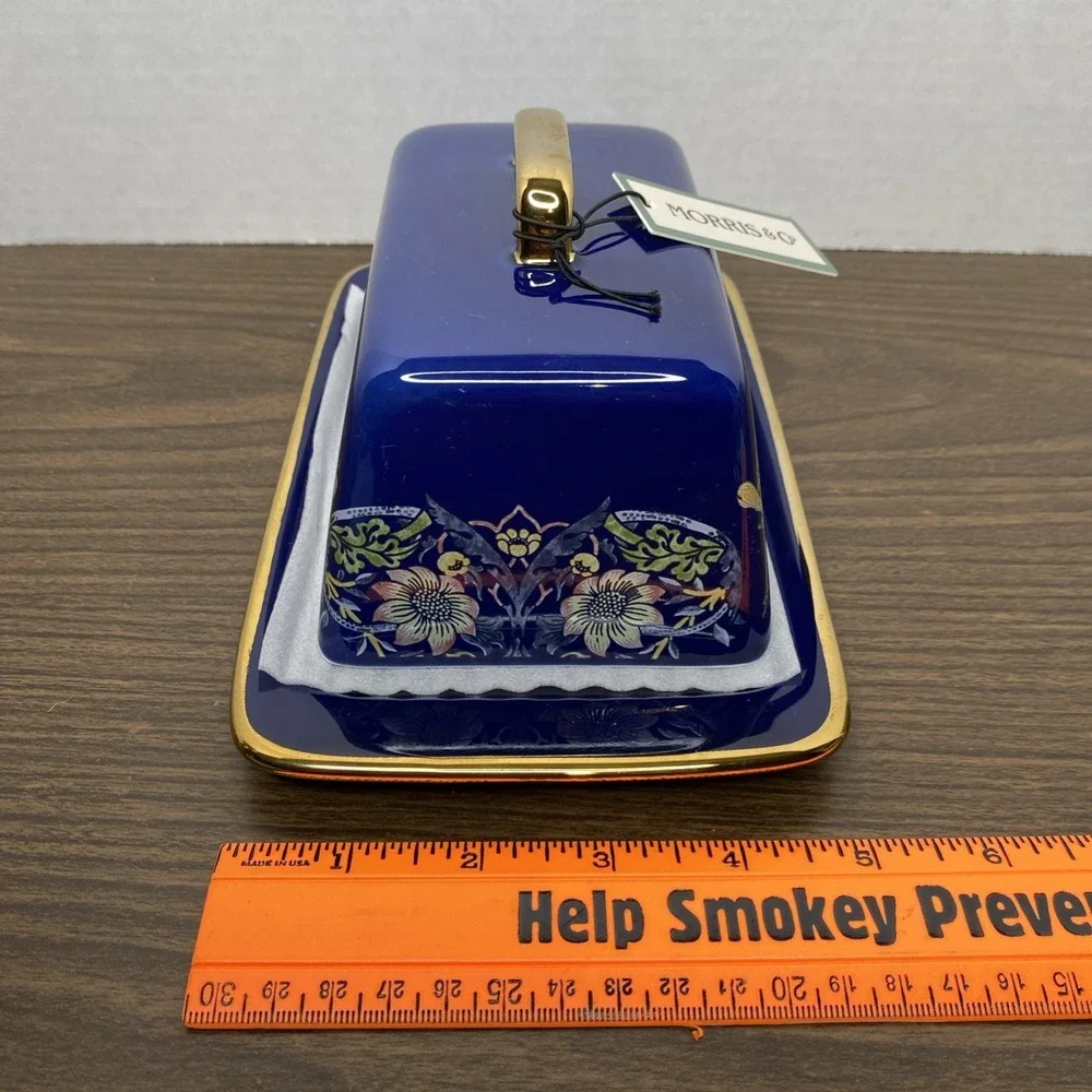 NWT William Morris & Co Strawberry Thief Butter Dish Blue with Gold Trim